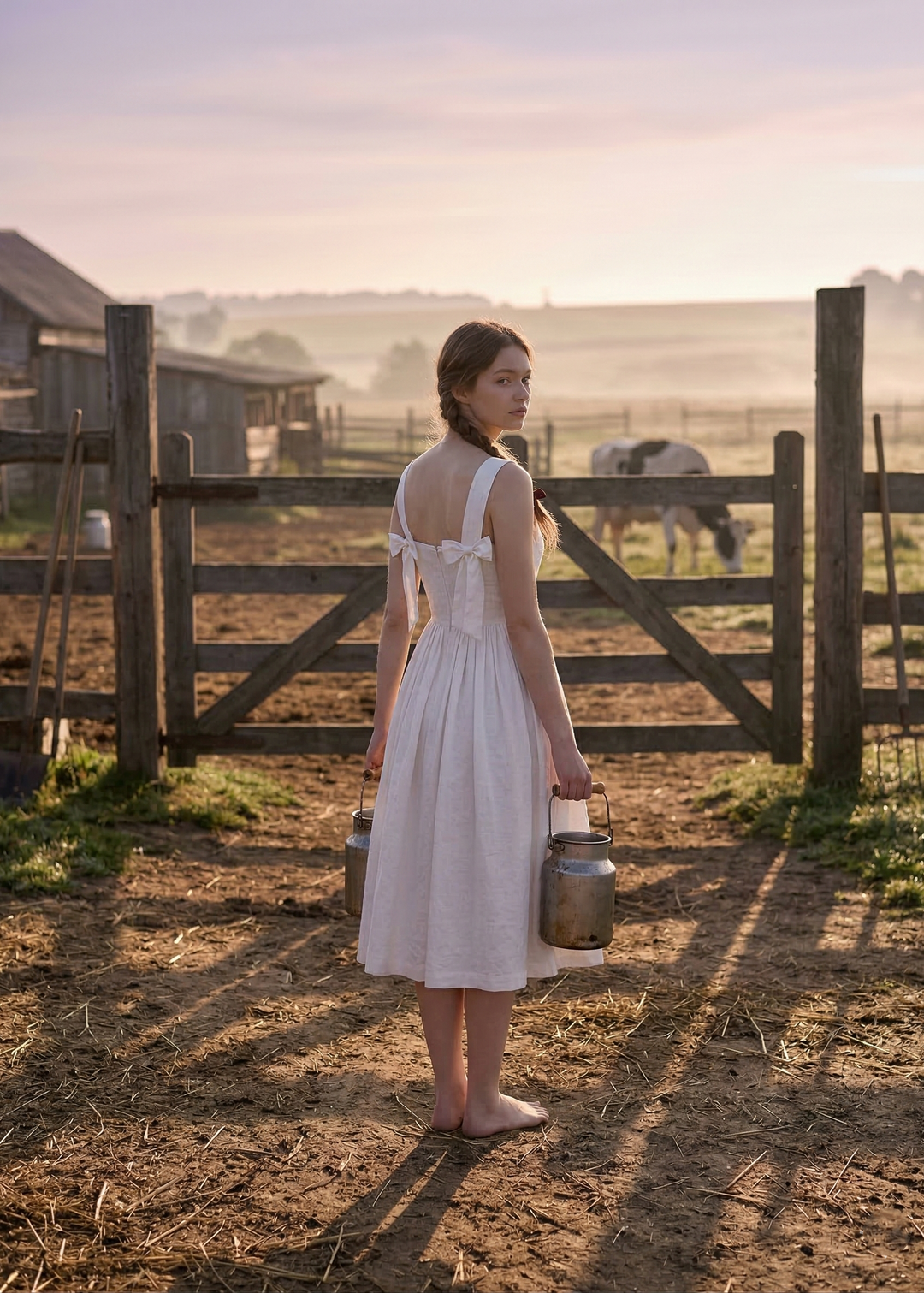 Woman in a white dress holding milk cans in a rural setting with a horse and wooden fence.
