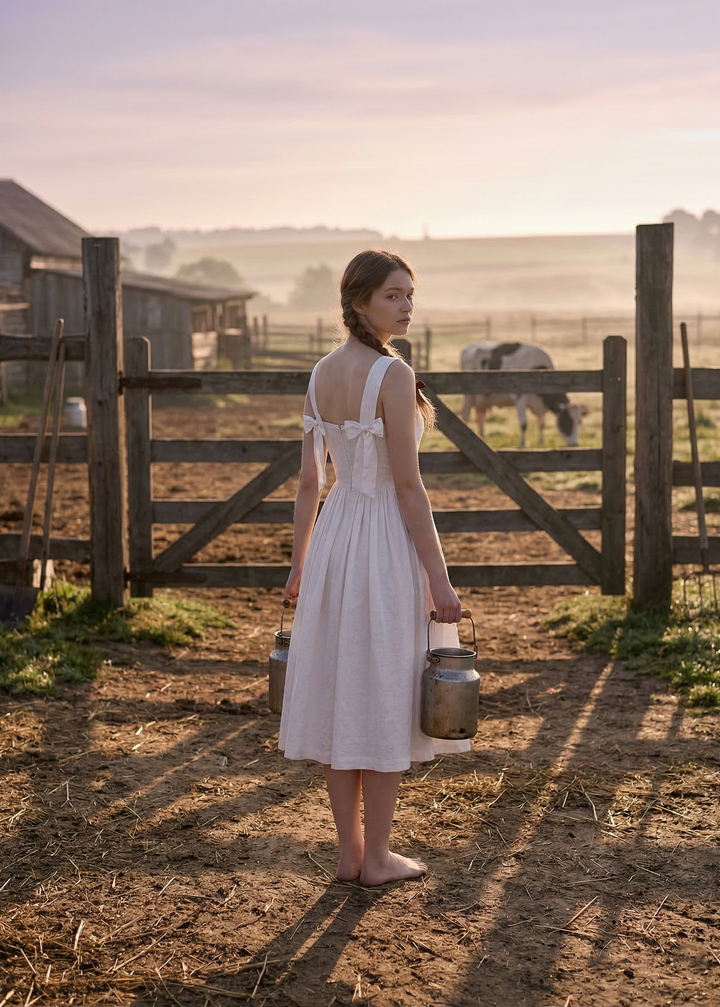 Woman in a white dress holding milk cans in a rural setting with a horse and wooden fence.