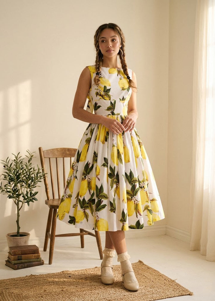 Woman wearing a yellow and white dress with a lemon pattern in a bright room.