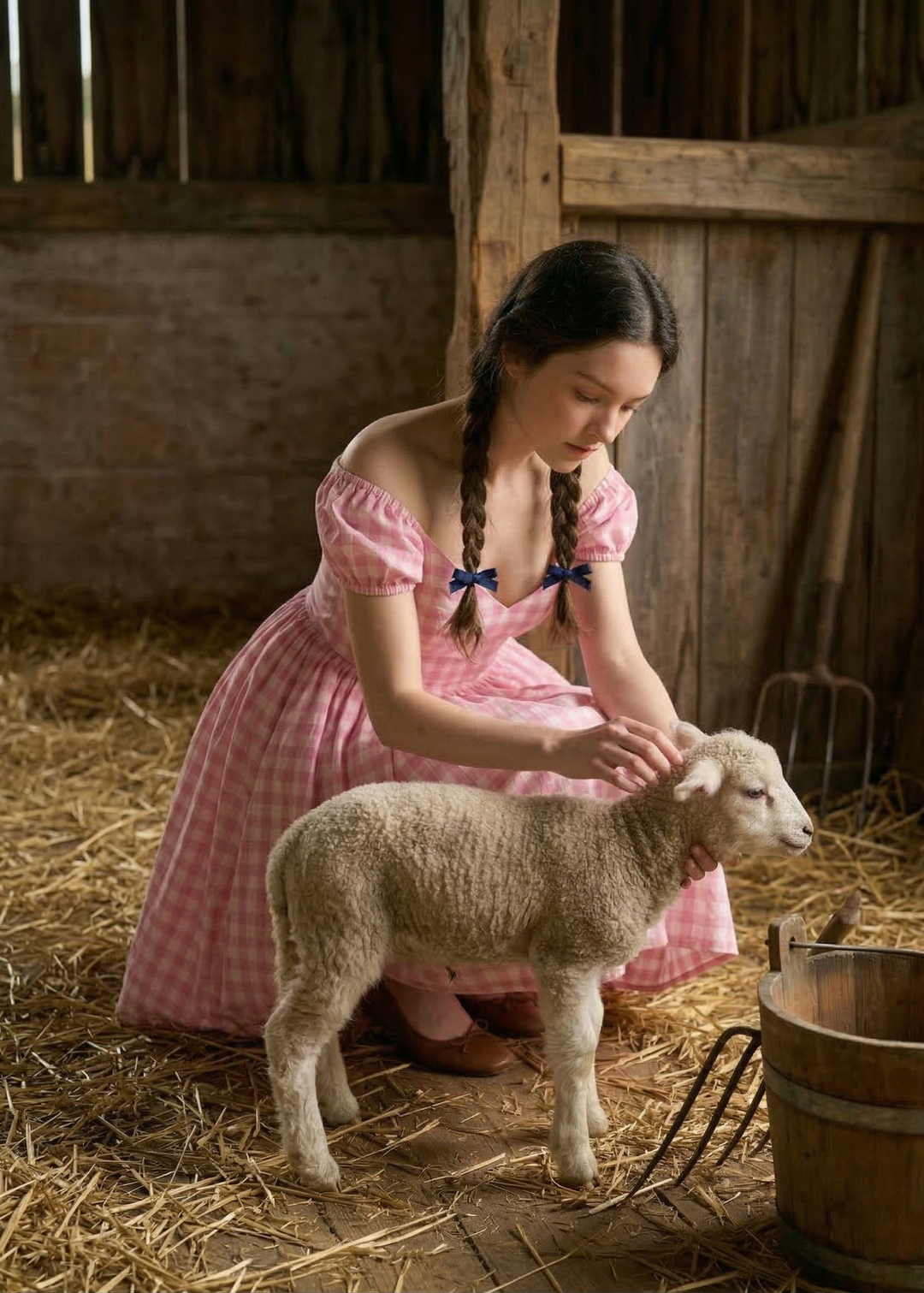 Woman in a pink dress interacting with a lamb in a barn setting