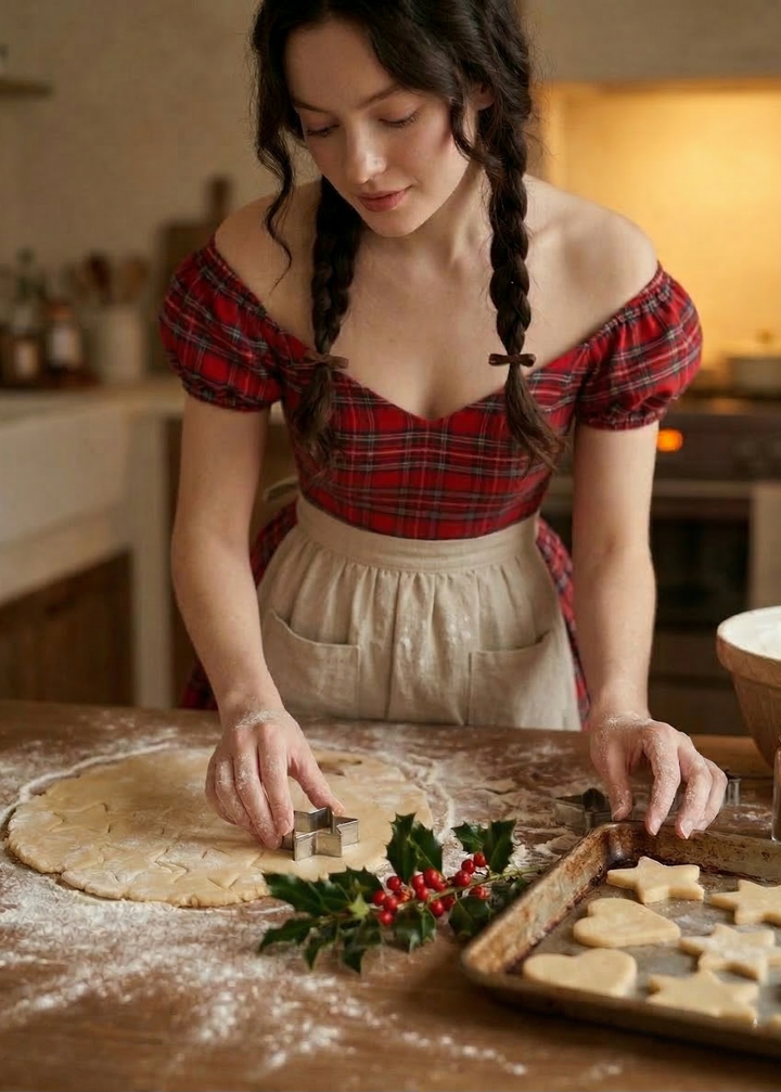 Woman in a plaid dress rolling out dough with cookie cutters in a kitchen.