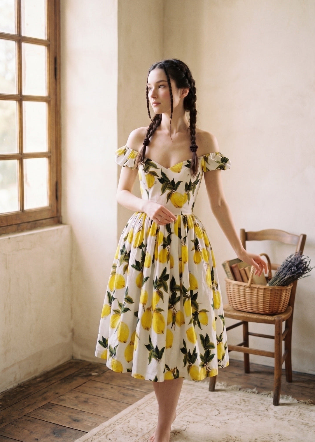 Woman in a lemon print dress standing in a room with wooden floor and window.