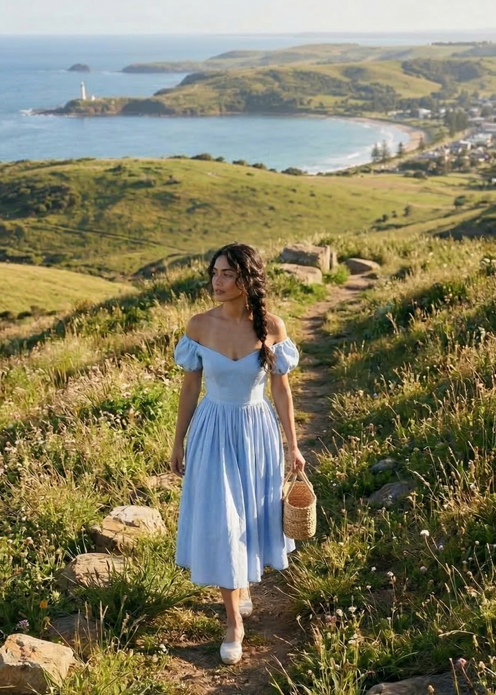 Woman in a light blue dress walking on a path with a scenic view of the ocean and hills.