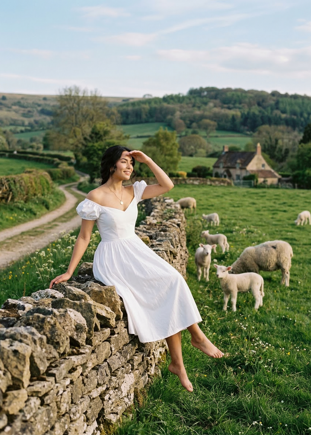 Woman in a white dress sitting on a stone wall with sheep in a pastoral setting