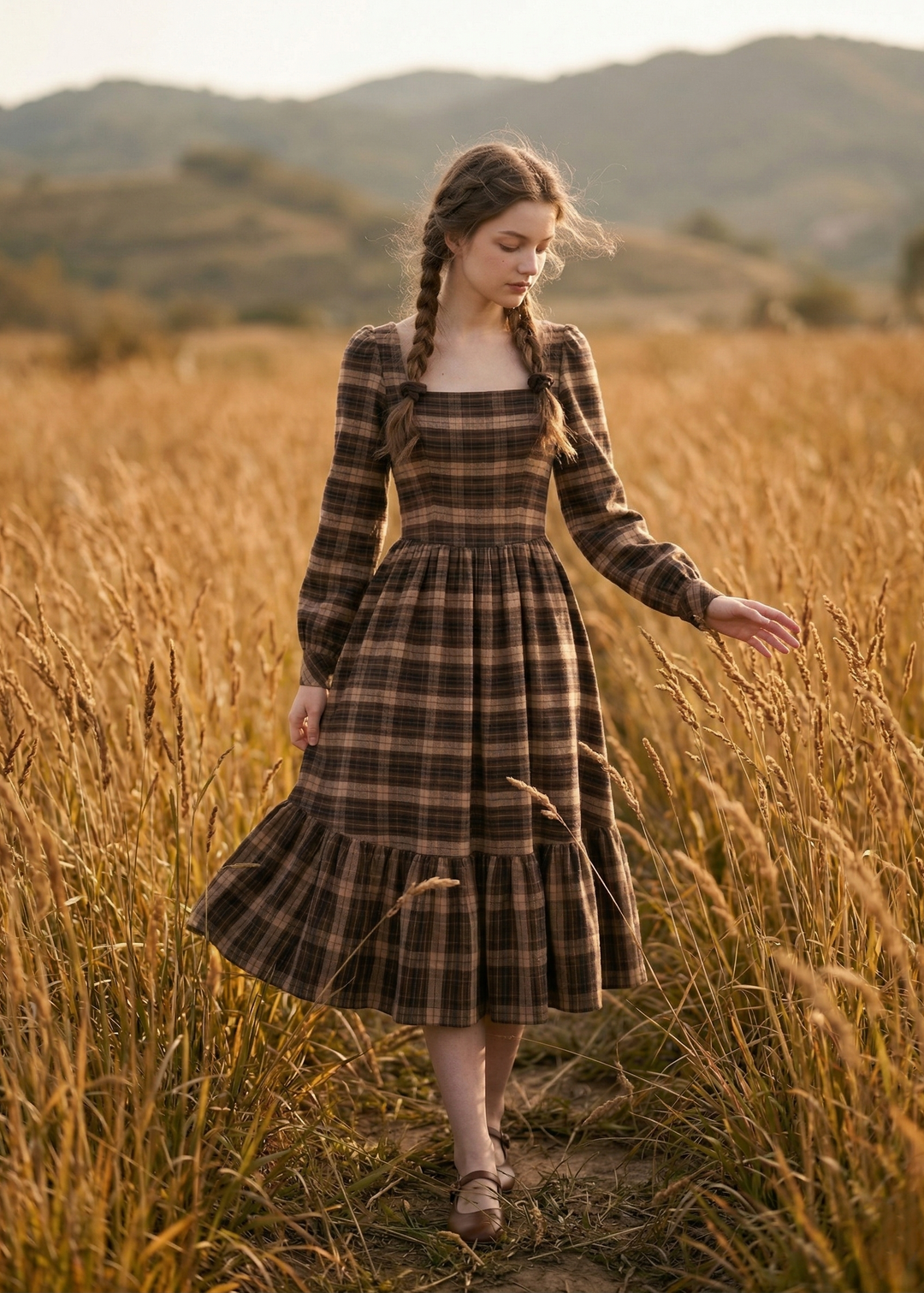 Woman in a plaid dress walking through a golden field with mountains in the background