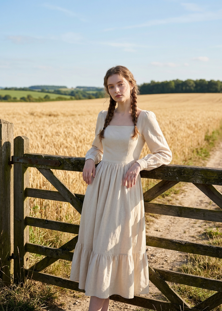 Woman in a white dress standing by a wooden gate in a field