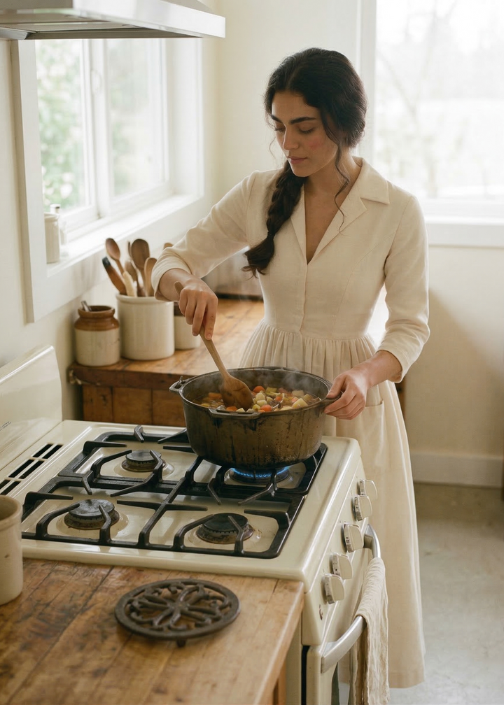 Woman cooking in a kitchen with wooden countertops and white walls.