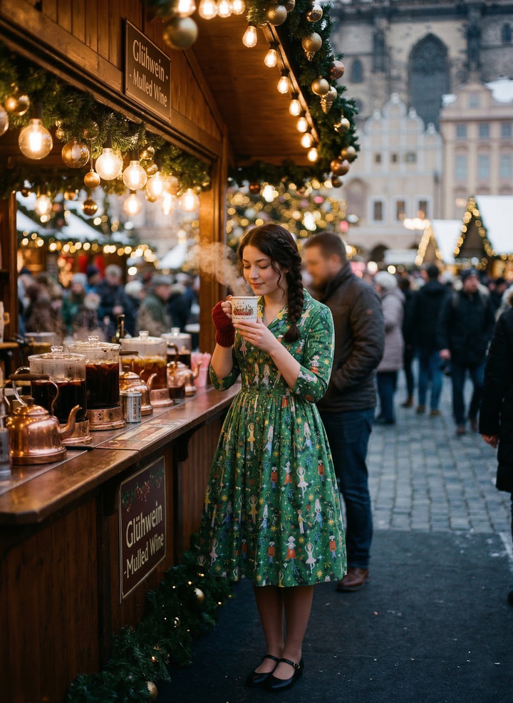 Woman in a green dress standing at a Christmas market stall in an urban setting.