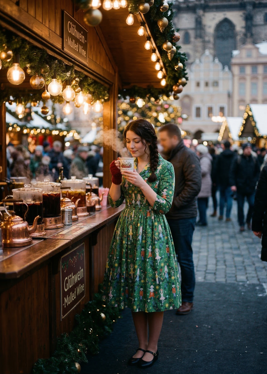 Woman in a green dress standing at a Christmas market stall in an urban setting.