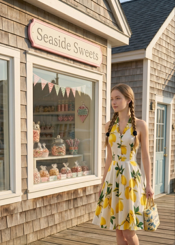 Woman in a lemon dress standing outside a shop named &