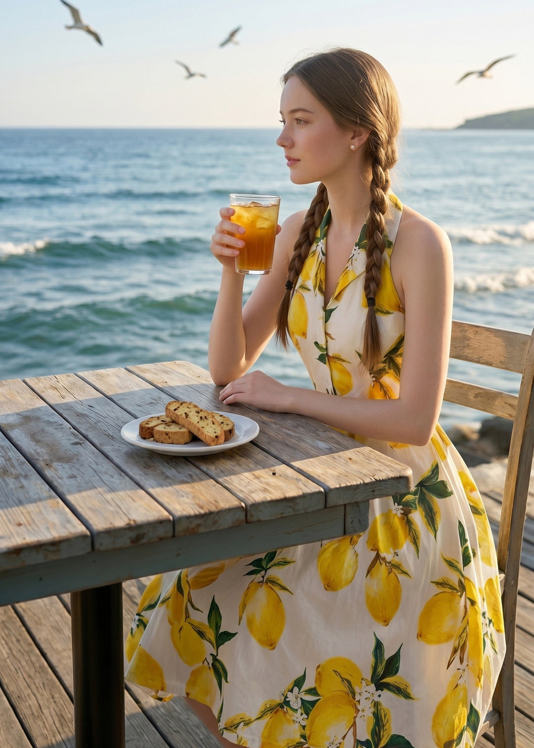 Woman in a yellow floral dress sitting at a table by the ocean, holding a drink.
