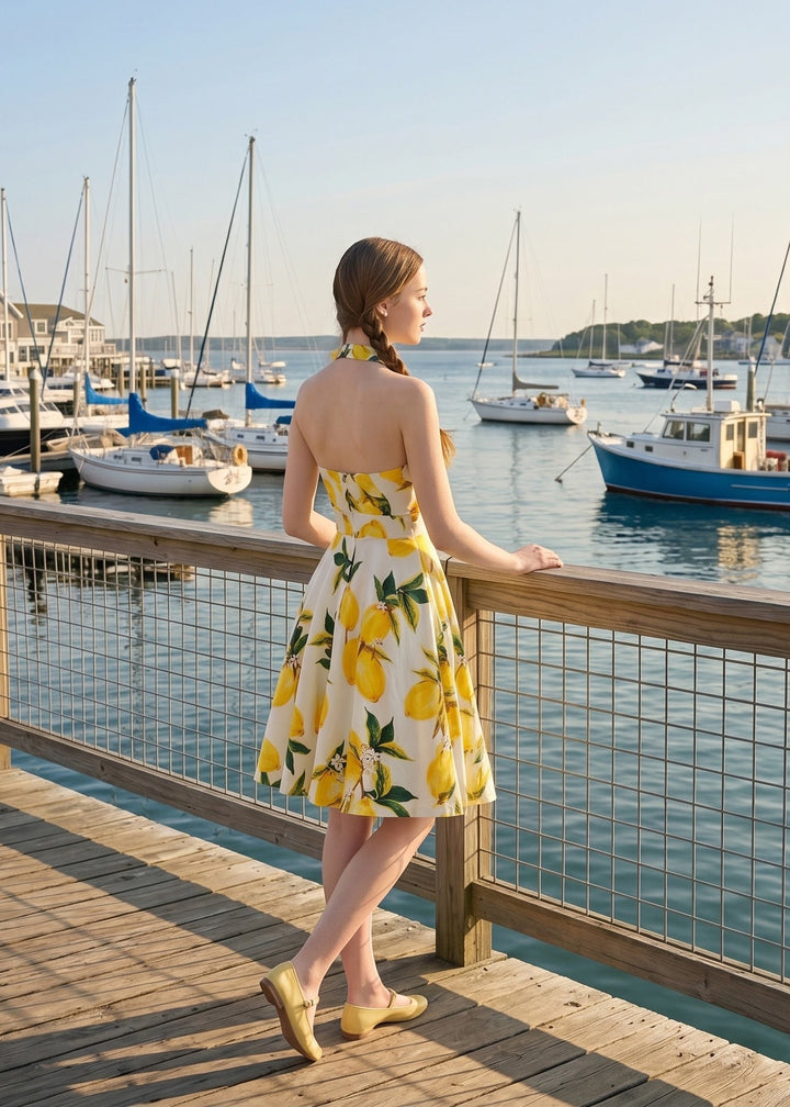 Woman in a yellow dress with lemon pattern standing on a dock by a marina.