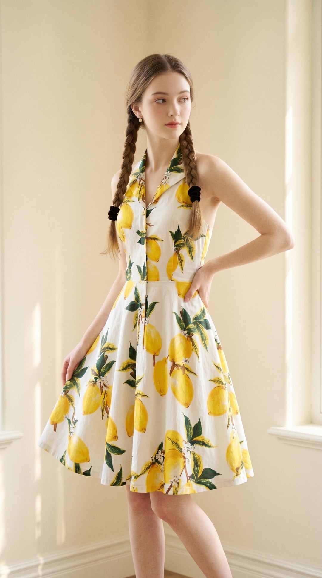 Woman wearing a lemon print dress in a bright room