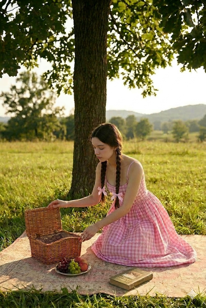 Woman in a pink dress sitting under a tree with a picnic basket and food.