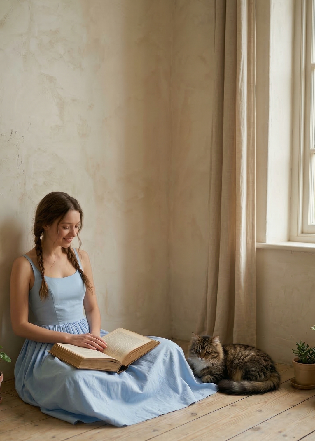Woman in a blue dress reading a book with a cat on the floor by a window.