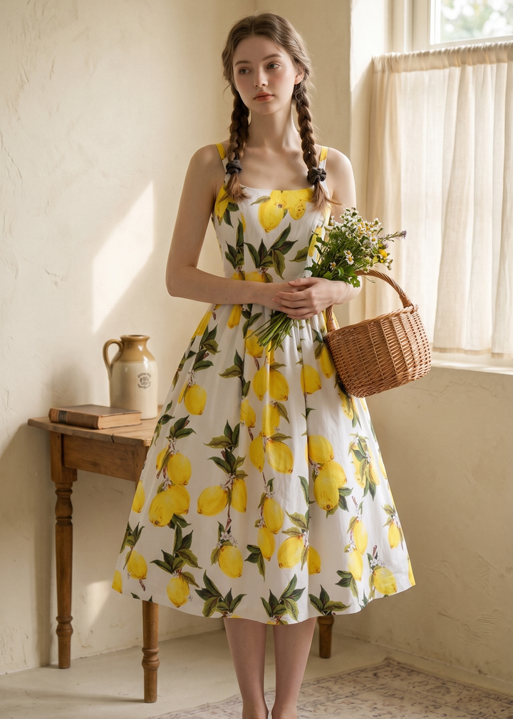Woman in a lemon print dress holding flowers and a basket in a room with a window and table.