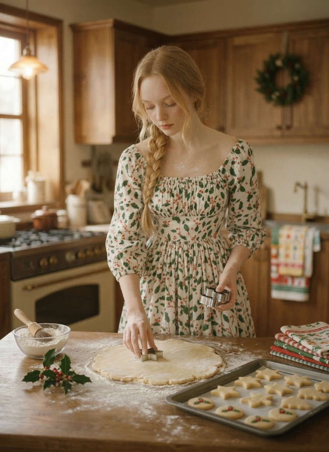 Woman in a kitchen rolling out dough with a rolling pin.