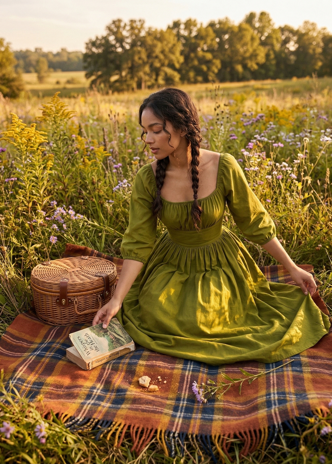 Woman in a green dress sitting on a plaid blanket in a field of flowers.