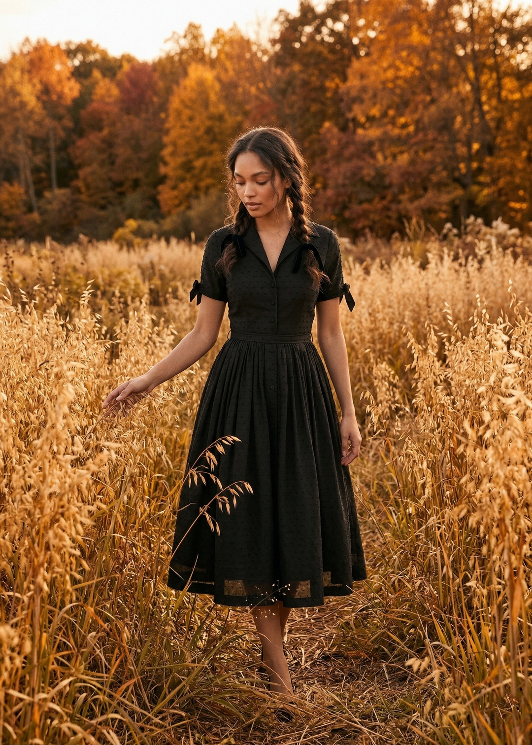 Woman in a black dress standing in a field of tall grass with trees in the background during sunset.