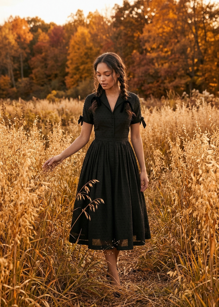 Woman in a black dress standing in a field of tall grass with trees in the background during sunset.
