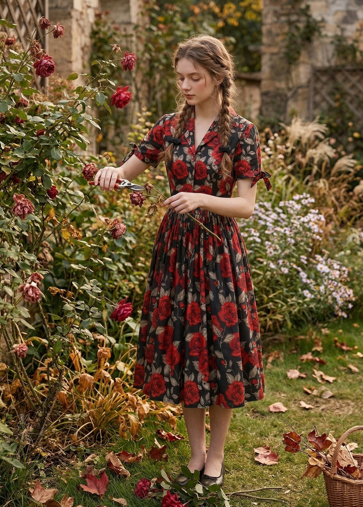 Woman in a floral dress tending to plants in a garden