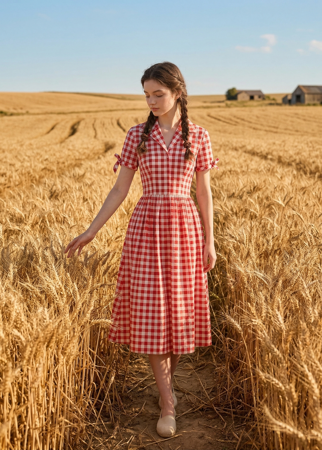 Woman in a red and white checkered dress standing in a wheat field.