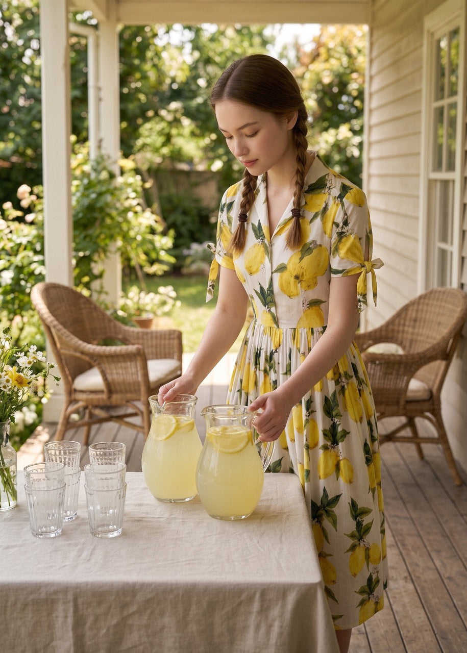 Woman in a lemon print dress preparing lemonade on a porch.