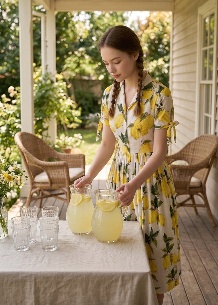 Woman in a lemon print dress preparing lemonade on a porch.