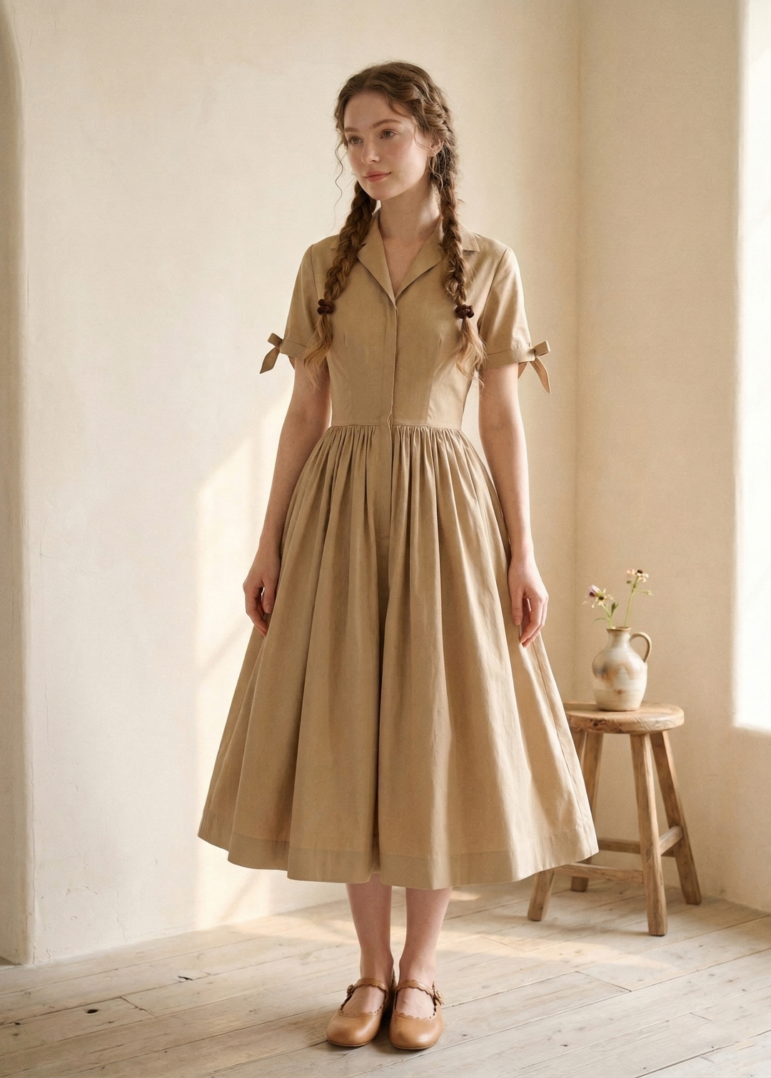 Woman wearing a beige dress standing in a softly lit room with wooden floor and white walls.