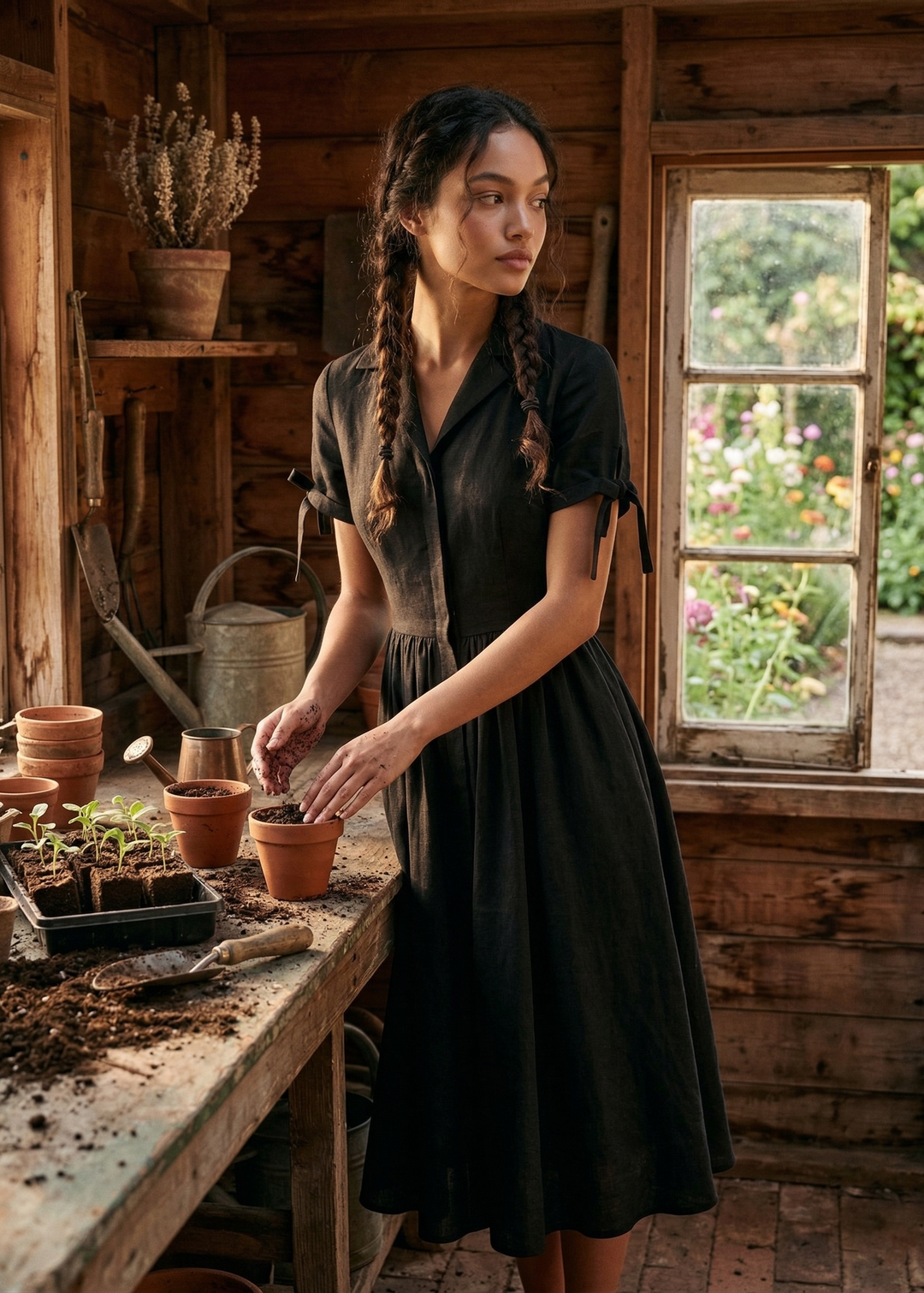 Woman in a dark dress tending to plants in a rustic garden shed.