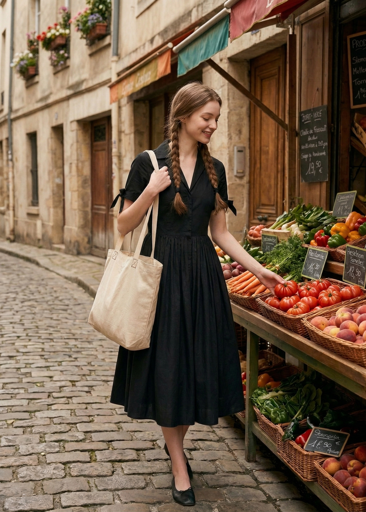 Woman in a black dress shopping at an outdoor market on a cobblestone street.