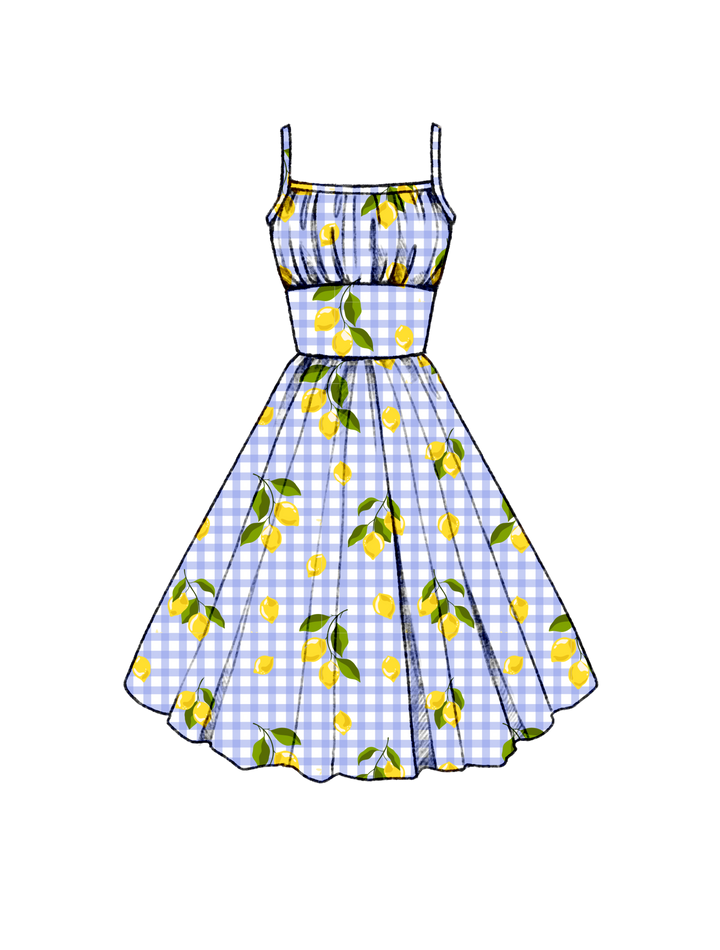 PRE-ORDER Grace Dress in Lemons on Light Blue Gingham