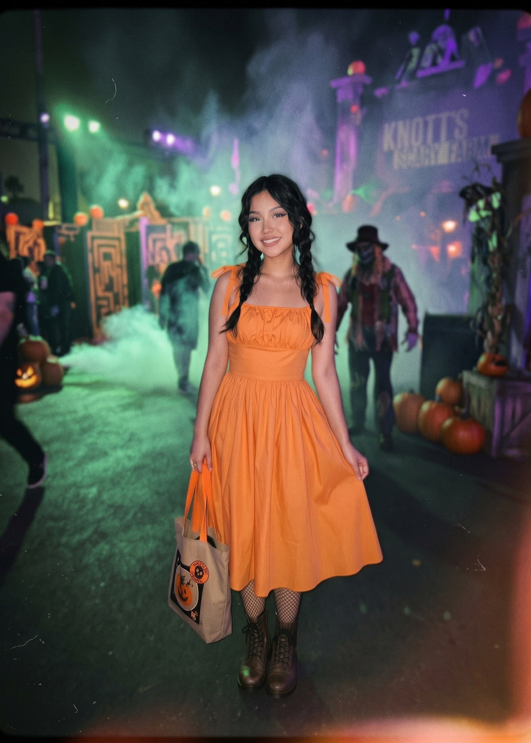 A woman stands in a Halloween-themed event or parade wearing a bright orange sleeveless dress and holding a canvas tote bag with a pumpkin face, with smoke, pumpkins, and event decorations in the background.