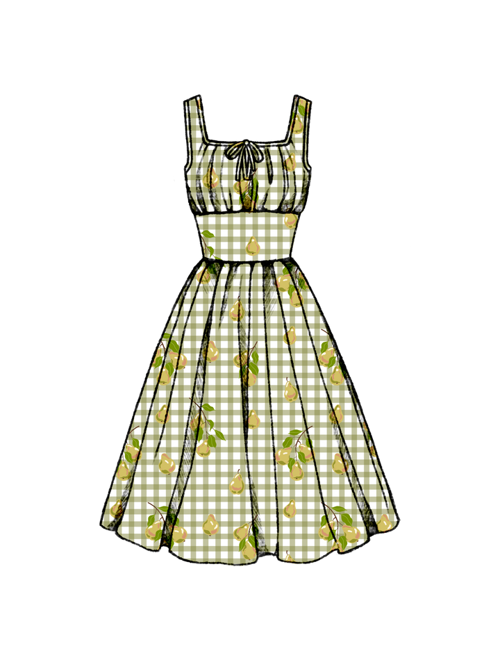 PRE-ORDER Michelle Dress Pears on Olive Green Gingham