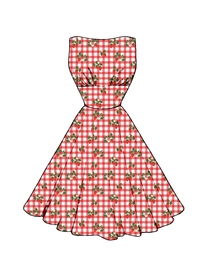 PRE-ORDER Norma Dress Strawberries on Red Blue Gingham