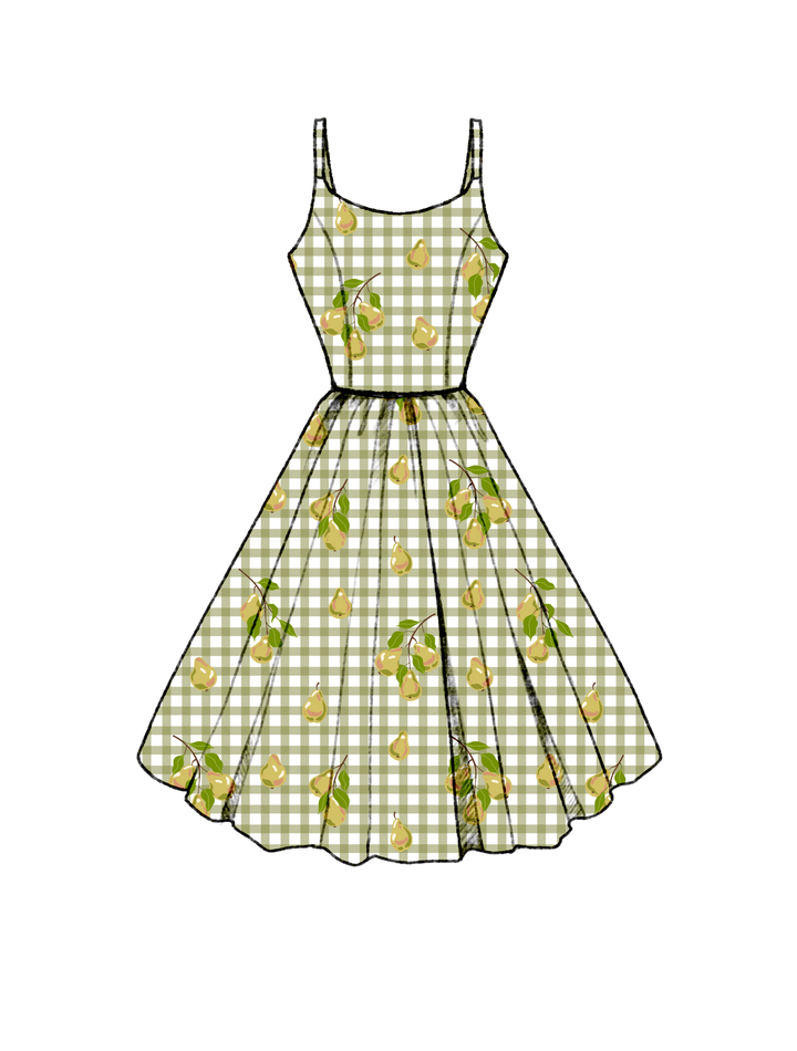 PRE-Order Penelope Dress Pears on Olive Green Gingham