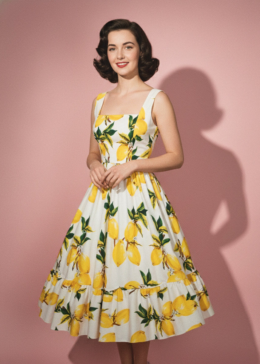 Woman wearing a lemon print dress against a pink background