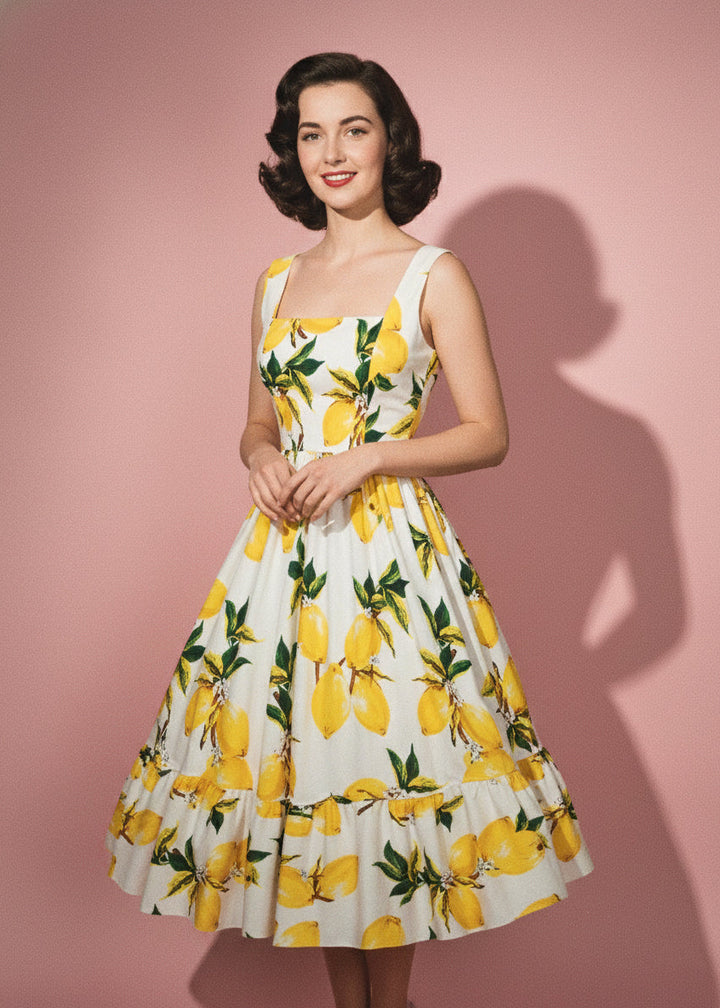 Woman wearing a lemon print dress against a pink background