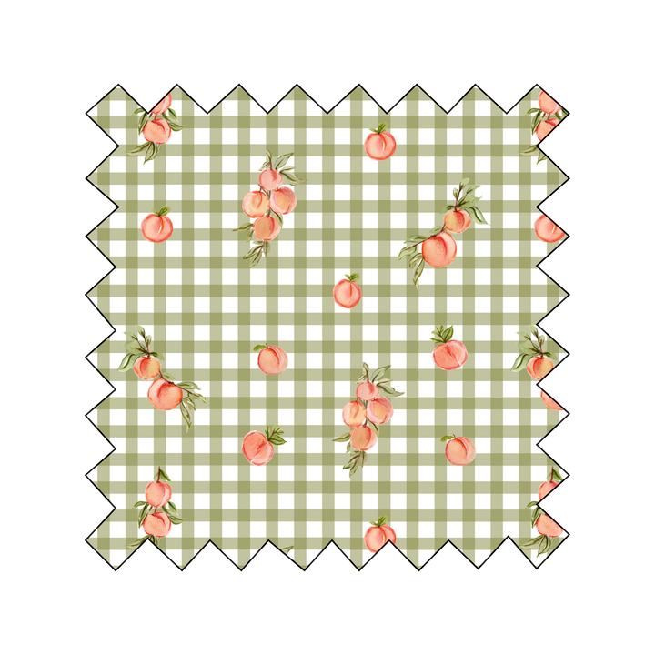 PRE-ORDER NEW Fabric Peaches on Olive Green Gingham - By the Yard