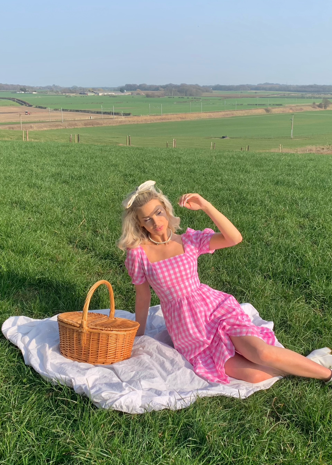 Woman in a pink checkered dress sitting on a blanket with a picnic basket in a green field.